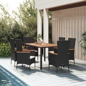 7 Piece Garden Dining Set with Cushions Black Poly Rattan