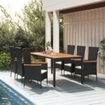 7 Piece Garden Dining Set with Cushions Black Poly Rattan