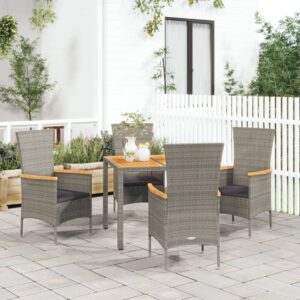 5 Piece Garden Dining Set with Cushions Grey Poly Rattan