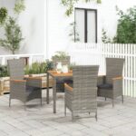 5 Piece Garden Dining Set with Cushions Grey Poly Rattan