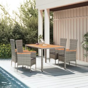 5 Piece Garden Dining Set with Cushions Grey Poly Rattan