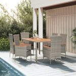 7 Piece Garden Dining Set with Cushions Grey Poly Rattan