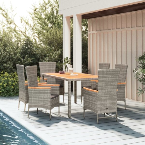 7 Piece Garden Dining Set with Cushions Grey Poly Rattan