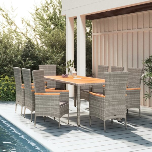 9 Piece Garden Dining Set with Cushions Grey Poly Rattan