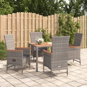 5 Piece Garden Dining Set with Cushions Grey Poly Rattan