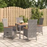 5 Piece Garden Dining Set with Cushions Grey Poly Rattan