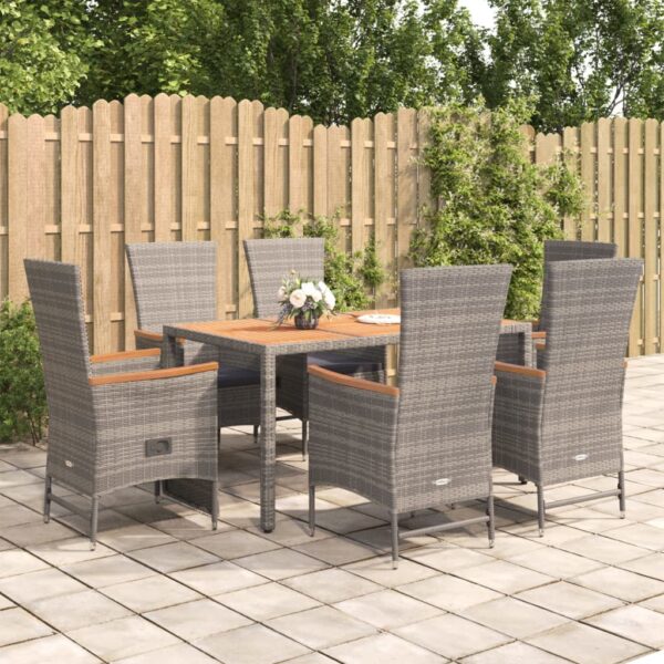 7 Piece Garden Dining Set with Cushions Grey Poly Rattan