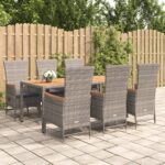 7 Piece Garden Dining Set with Cushions Grey Poly Rattan