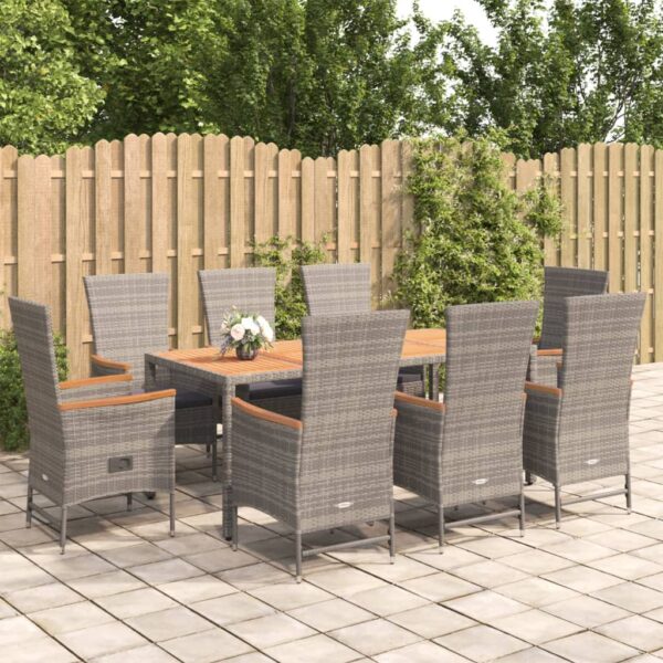 9 Piece Garden Dining Set with Cushions Grey Poly Rattan