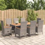 9 Piece Garden Dining Set with Cushions Grey Poly Rattan