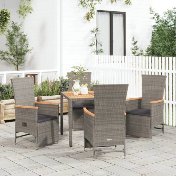 5 Piece Garden Dining Set with Cushions Grey Poly Rattan