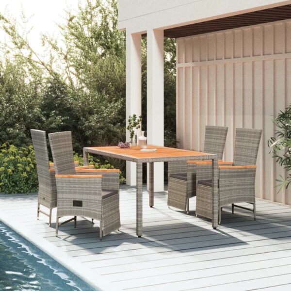 5 Piece Garden Dining Set with Cushions Grey Poly Rattan