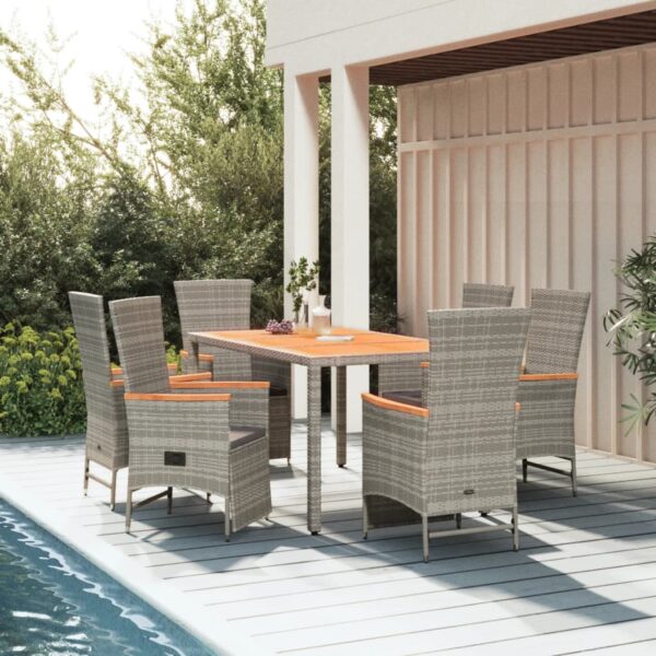 7 Piece Garden Dining Set with Cushions Grey Poly Rattan