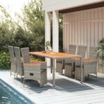 7 Piece Garden Dining Set with Cushions Grey Poly Rattan