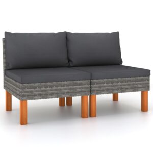 Stylish Grey Middle Sofas Set of 2  Poly Rattan and Solid Eucalyptus Wood  Comfortable Cushions