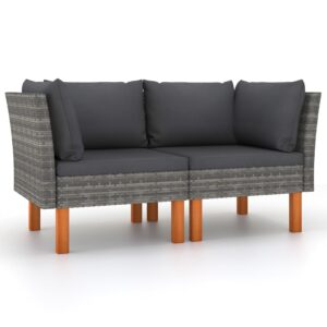 Corner Sofas Set of 2  Poly Rattan and Solid Eucalyptus Wood  Grey with Anthracite Cushions