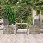 3 Piece Garden Dining Set with Cushions Grey Poly Rattan