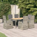 7 Piece Garden Dining Set with Cushions Grey Poly Rattan