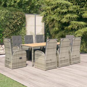 9 Piece Garden Dining Set with Cushions Grey Poly Rattan