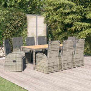 9 Piece Garden Dining Set with Cushions Grey Poly Rattan