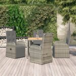 5 Piece Garden Dining Set with Cushions Grey Poly Rattan