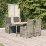 5 Piece Garden Dining Set with Cushions Grey Poly Rattan