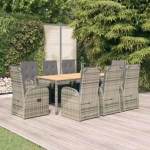 9 Piece Garden Dining Set with Cushions Grey Poly Rattan