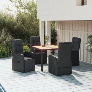 5 Piece Garden Dining Set with Cushions Black Poly Rattan