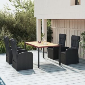 5 Piece Garden Dining Set with Cushions Black Poly Rattan