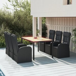 7 Piece Garden Dining Set with Cushions Black Poly Rattan