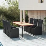 7 Piece Garden Dining Set with Cushions Black Poly Rattan