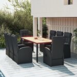 9 Piece Garden Dining Set with Cushions Black Poly Rattan