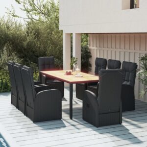 9 Piece Garden Dining Set with Cushions Black Poly Rattan