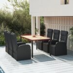 7 Piece Garden Dining Set Black Poly Rattan&Solid Wood Acacia