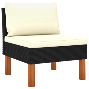 Outdoor Middle Sofa in Poly Rattan and Solid Eucalyptus Wood with Cream White Cushions