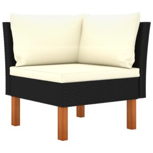 Corner Sofa in Poly Rattan and Solid Eucalyptus Wood with Cream White Cushions