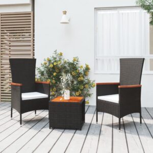 3 Piece Black Poly Rattan Garden Lounge Set with Solid Acacia Wood - Weather Resistant  Easy to Clean  Comfortable Seating