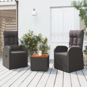 Three Piece Garden Lounge Set in Black Poly Rattan and Solid Acacia Wood with Cushions