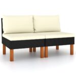 Outdoor Middle Sofas Set of 2  Poly Rattan and Solid Eucalyptus Wood  Black with Cream Cushions