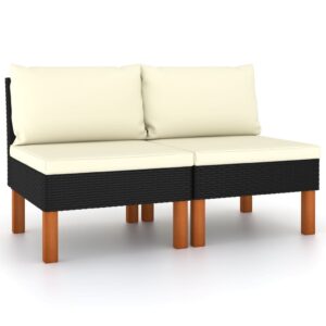 Outdoor Middle Sofas Set of 2  Poly Rattan and Solid Eucalyptus Wood  Black with Cream Cushions