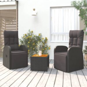 Three Piece Garden Lounge Set in Black Poly Rattan and Solid Acacia Wood with Cushions