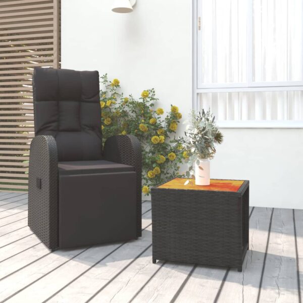 Black Poly Rattan Garden Lounge Set with Solid Acacia Wood Table and Reclining Chair