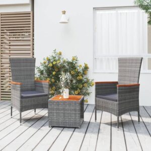 Three Piece Grey Garden Lounge Set with Poly Rattan and Solid Acacia Wood - Weather Resistant and Easy to Clean