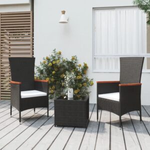 3 Piece Black Poly Rattan Garden Lounge Set with Steel Frame and Cream Cushions