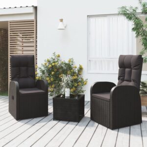 3 Piece Black Poly Rattan Garden Lounge Set with Steel Frame  Reclining Chairs and Glass Table