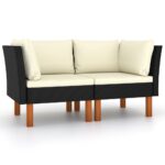 Corner Sofas Set of 2  Poly Rattan and Solid Eucalyptus Wood  Black with Cream Cushions