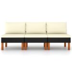 Three-Piece Middle Sofa Set in Poly Rattan and Solid Eucalyptus Wood with Cushions