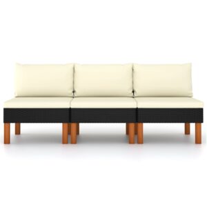 Three-Piece Middle Sofa Set in Poly Rattan and Solid Eucalyptus Wood with Cushions