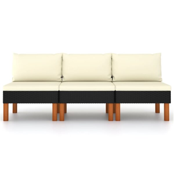 Three-Piece Middle Sofa Set in Poly Rattan and Solid Eucalyptus Wood with Cushions