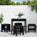 5 Piece Garden Dining Set Black Solid Wood Pine